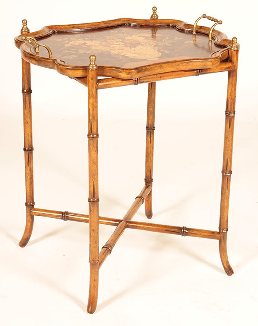 MARQUETRY DECORATED TRAY TABLE FAUX BAMBOO BASE (1 of 5)