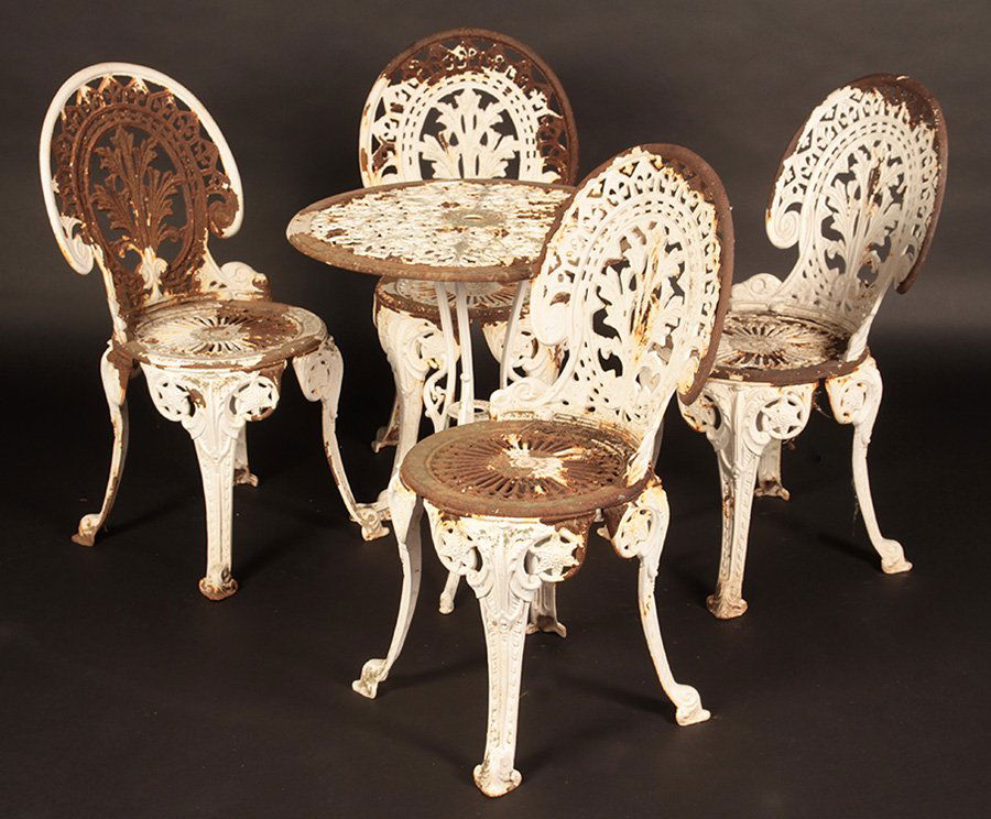 VICTORIAN CAST IRON TABLE & 4 IRON CHAIRS (1 of 6)