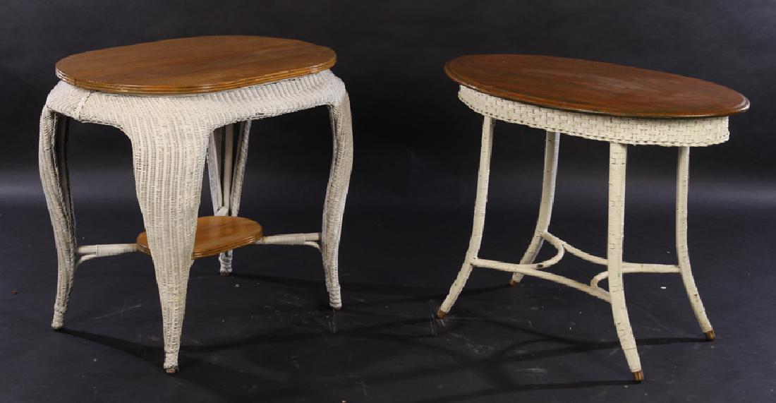 LOT OF 2 WICKER TABLES WITH WOOD TOPS C.1900 (1 of 5)