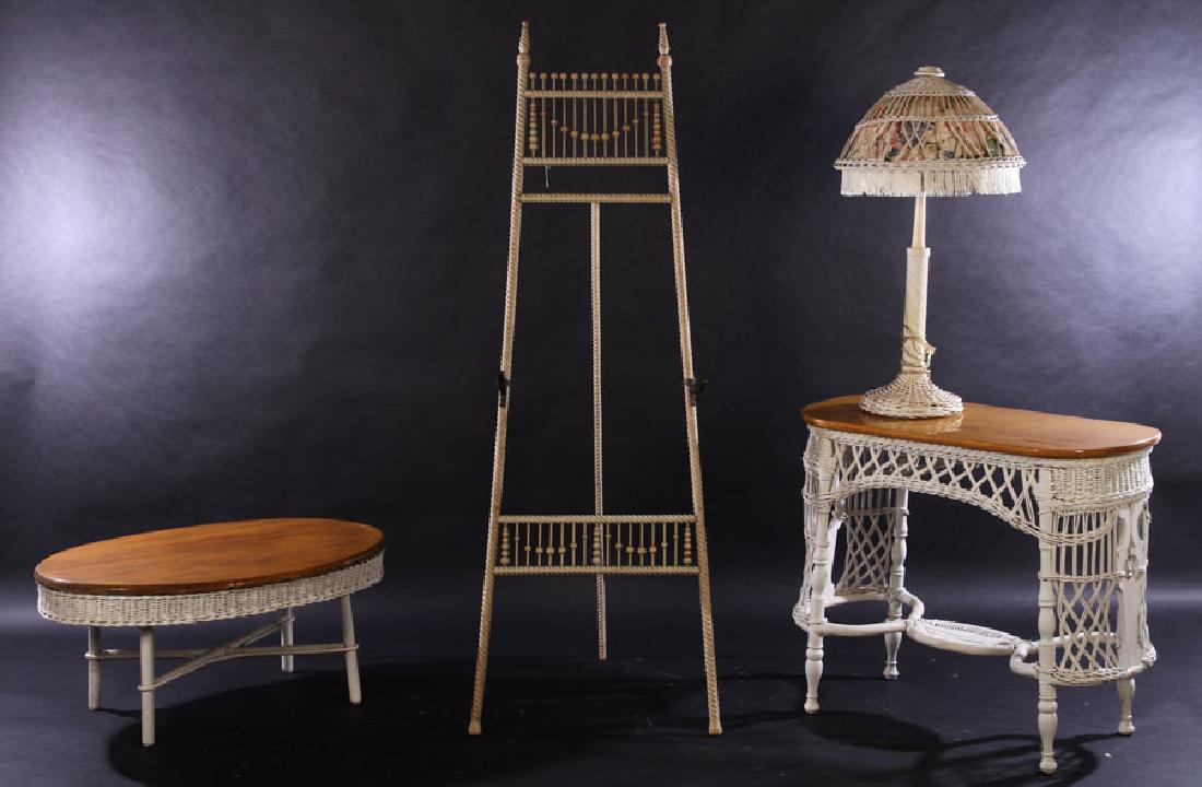 FOUR PIECE WICKER LOT INCLUDING TABLES C. 1900 (1 of 5)