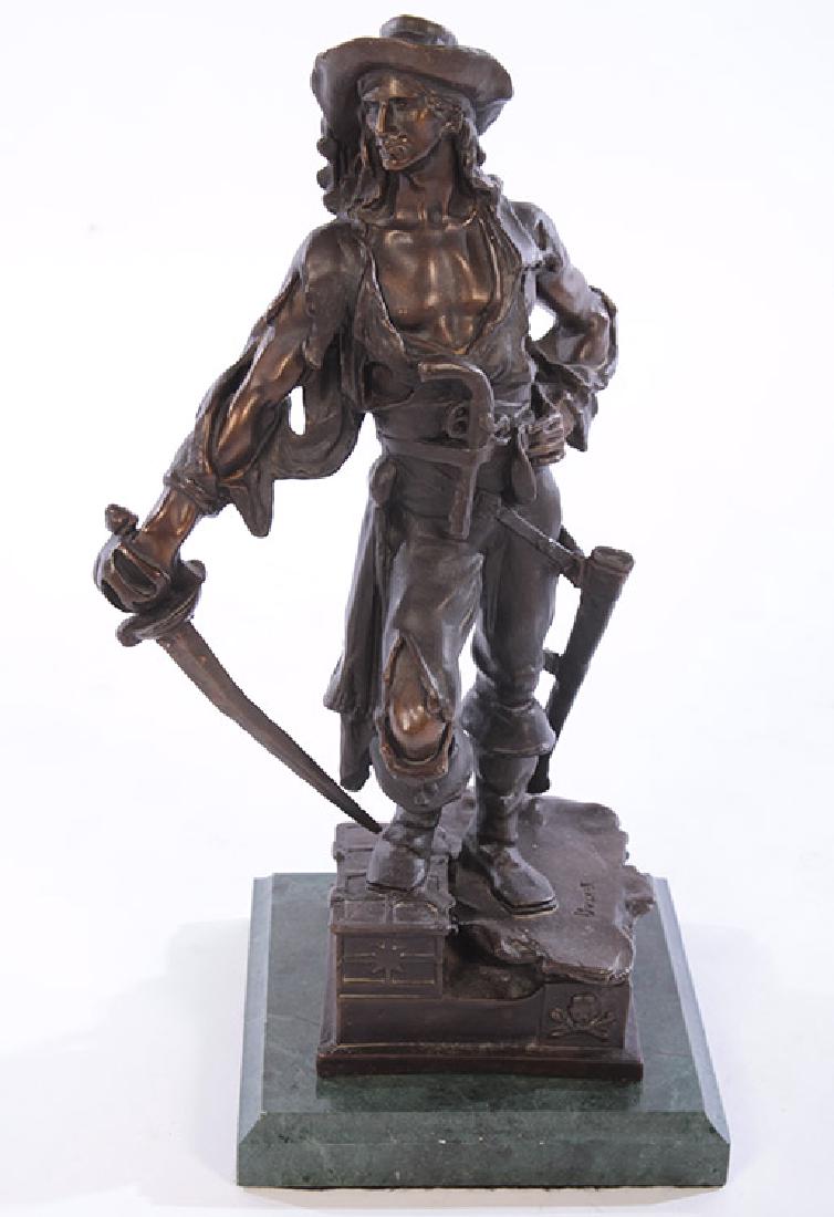 AFTER EUTROPE BOURET FRENCH BRONZE PIRATE FIGURE: After Eutrope Bouret (French, 1833-1906) A bronze figure of a pirate holding a sword, resting on verde marble base. Ht: 19" Width: 10" Depth: 8.25"