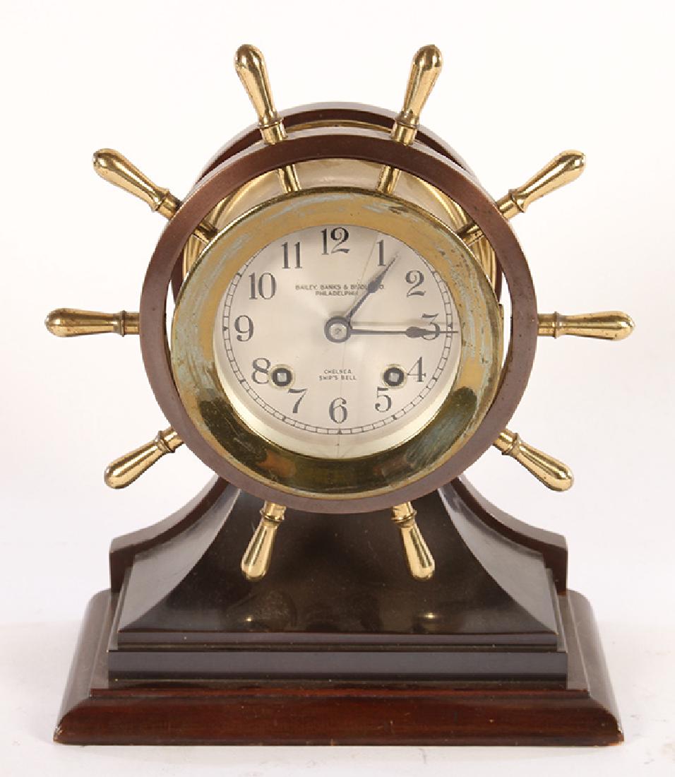 CHELSEA SHIPS BELL CLOCK WITH SHIPS WHEEL CASE