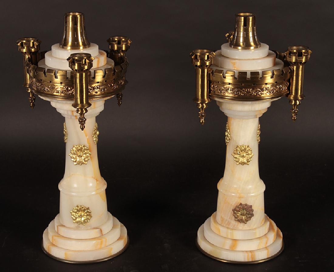 A PAIR OF BRONZE & ALABASTER CANDELABRA C.1940: A pair of bronze and alabaster candelabra circa 1940. Ht: 16" Wd: 7" Dpth: 7"