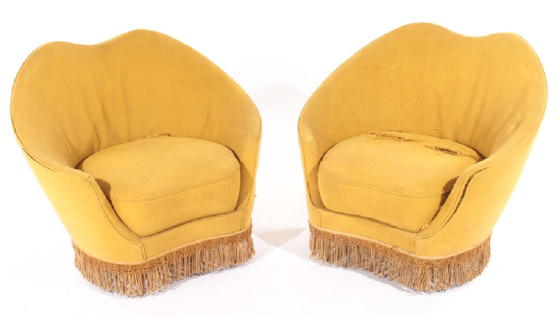 PAIR ITALIAN FEDERICO MUNARI CLUB CHAIRS 1960: A very good pair of Italian Federico Munari club chairs having an elegant shaped and curved back with continuous arms and cushion seat circa 1960. Ht: 31" Wd: 35.5" Dpth: 21" Seat: 16.5"