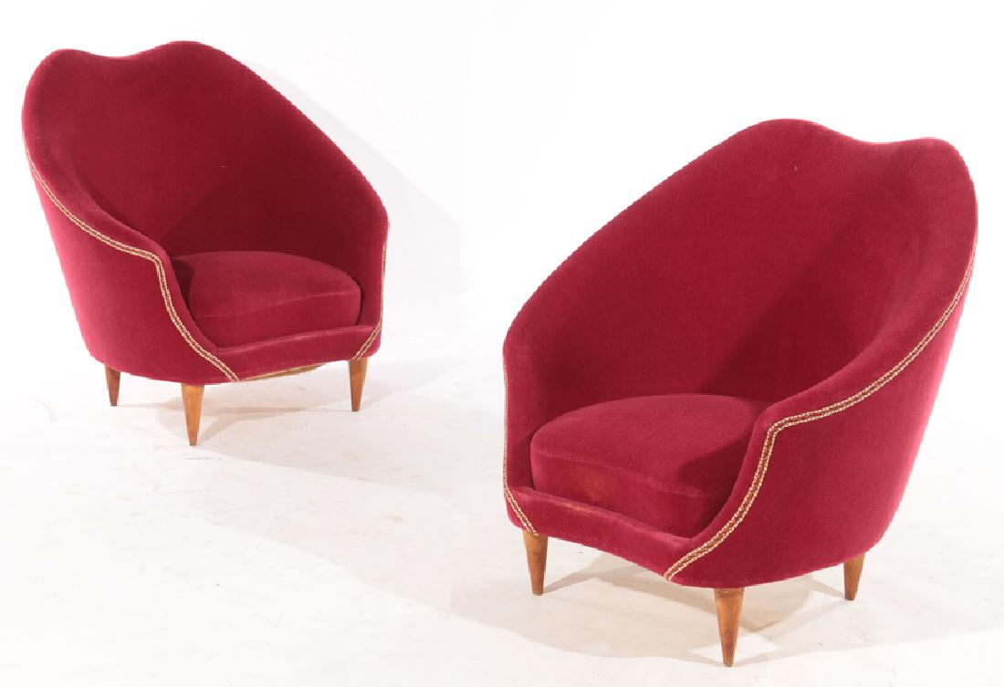 PAIR ITALIAN FEDERICO MUNARI CLUB CHAIRS 1950: A good pair of Italian mid century modern Federico Munari upholstered club chairs having shaped back and downswept arms with mohair fabric circa 1950. Ht: 32.5" Wd: 32" Dpth: 21" Seat: 13"