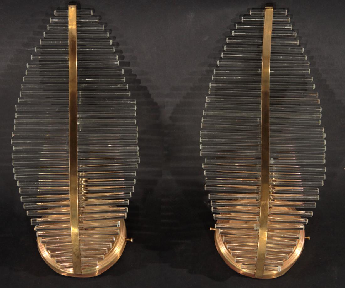 PAIR GLASS ROD & BRASS LEAF FORM SCONCES 1960 (1 of 4)