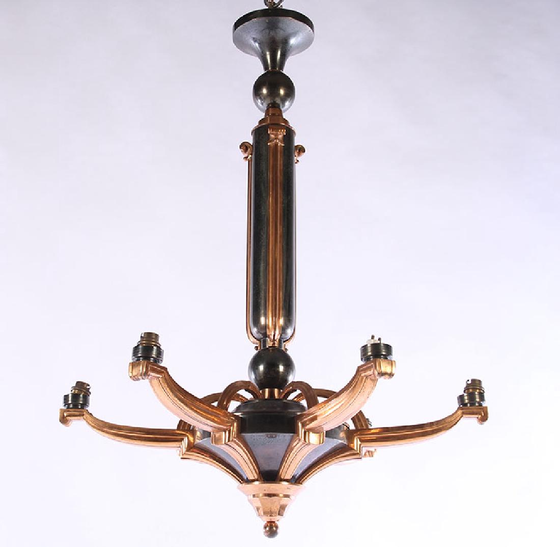 FRENCH ART DECO GUN METAL 6 ARM CHANDELIER 1930: A good French Art Deco copper and gun metal chandelier having central column supporting lower stylized urn form with six arms circa 1930. Ht: 34" Dia: 25"