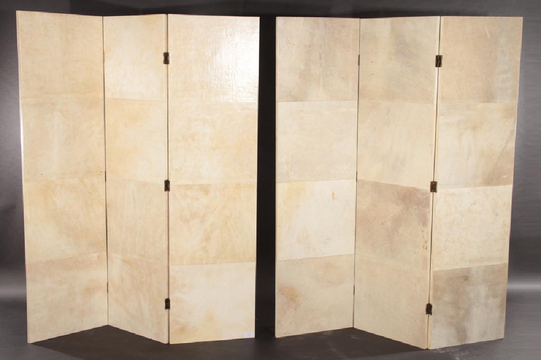 PAIR 3 PANEL PARCHMENT COVERED FOLDING SCREENS (1 of 4)