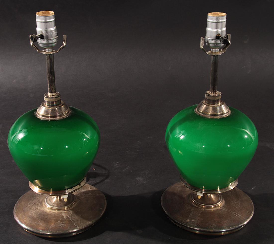 PAIR OF GREEN GLASS AND CHROME TABLE LAMPS (1 of 4)