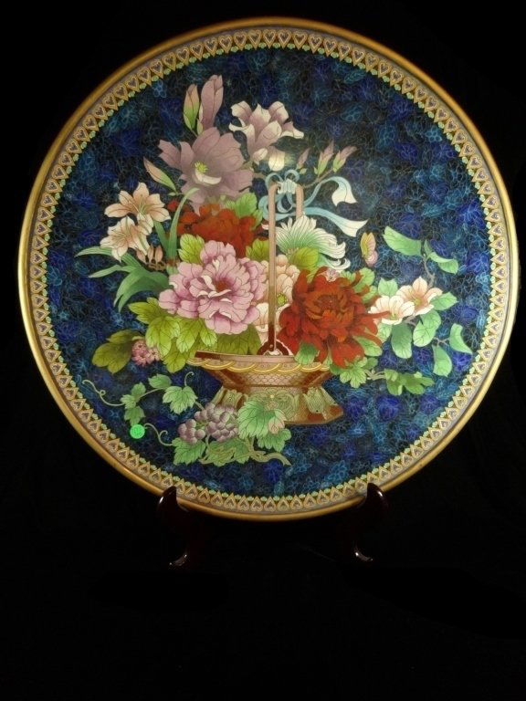 LARGE CHINESE CLOISONNE PLATE, BLUE FIELD WITH FLOWERS, (1 of 8)