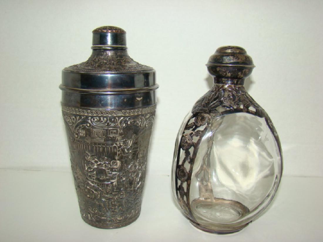 VINTAGE SILVER OVERLAY BOTTLE & REPOUSSE SHAKER (1 of 10)