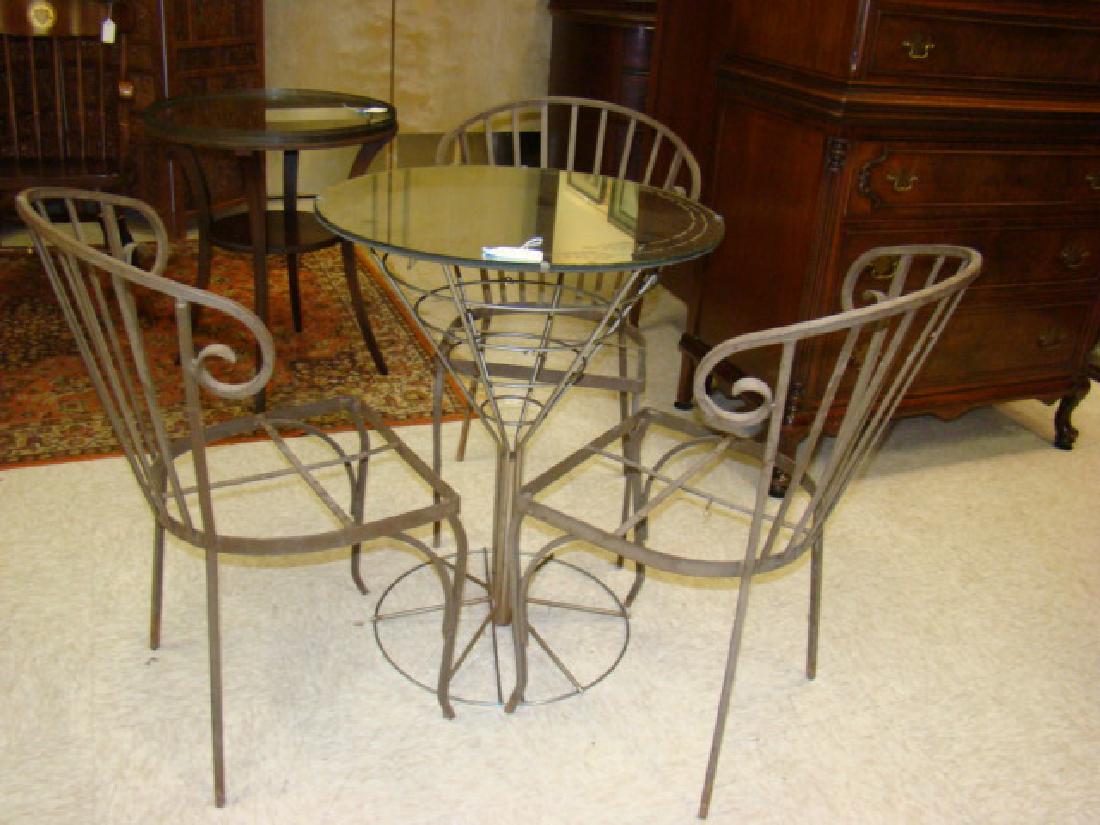 MARTINI SHAPED METAL TABLE WITH 3 CHAIRS: MARTINI SHAPED METAL TABLE WITH 3 CHAIRS-ROUND MIRROR HAS BEEN ADDED AS THE TABLE TOP-OLDER BENT METAL CHAIRS-IN GREAT SHAPE- TABLE STANDS 29''H-OLDER PATINA ON ALL THE PIECES