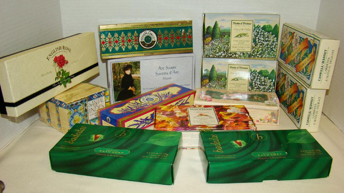 COLLECTION OF HAND SOAPS: COLLECTION OF HAND SOAPS - ART SOAPS BY SVON D' ART MANET - WOODS OF WINDSOR LILY OF THE VALLEY FINE ENGLISH SOAPS - AND MANY MORE