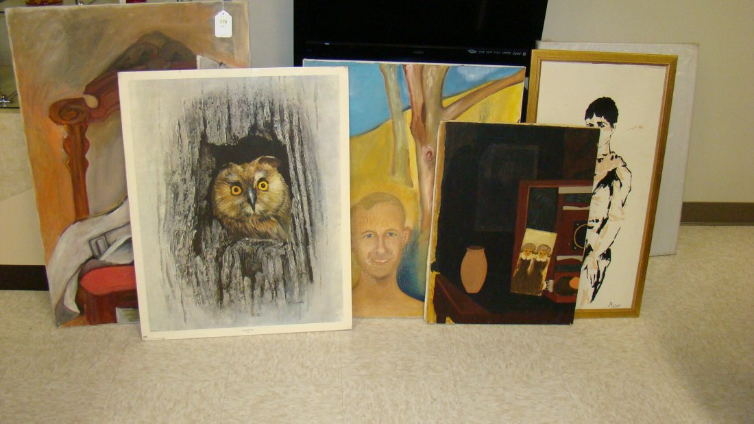 ORIGINAL ART WORK AND MORE: ORIGINAL ART WORK AND MORE - POSTER OF AN OWL - ''NOCTURNAL WATCH'' BY SANDU - FROM 1970S - DONALD ART COMPANY IN HOLLAND - THREE ORIGINAL OIL PAINTINGS - UNKNOWN ARTIST - AND MORE