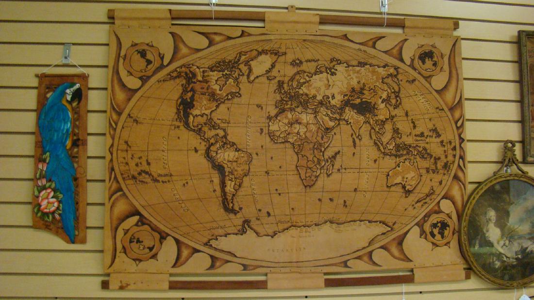 EXQUISITE HAND TOOLED LEATHER WORLD MAP AND MORE: EXQUISITE HAND TOOLED LEATHER WORLD MAP AND MORE - 49 IN X 37 IN - NOT IN ENGLISH - BEAUTIFUL BLUE PARROT ON LEATHER - SIGNED BY ''ELIANA BRASIL''