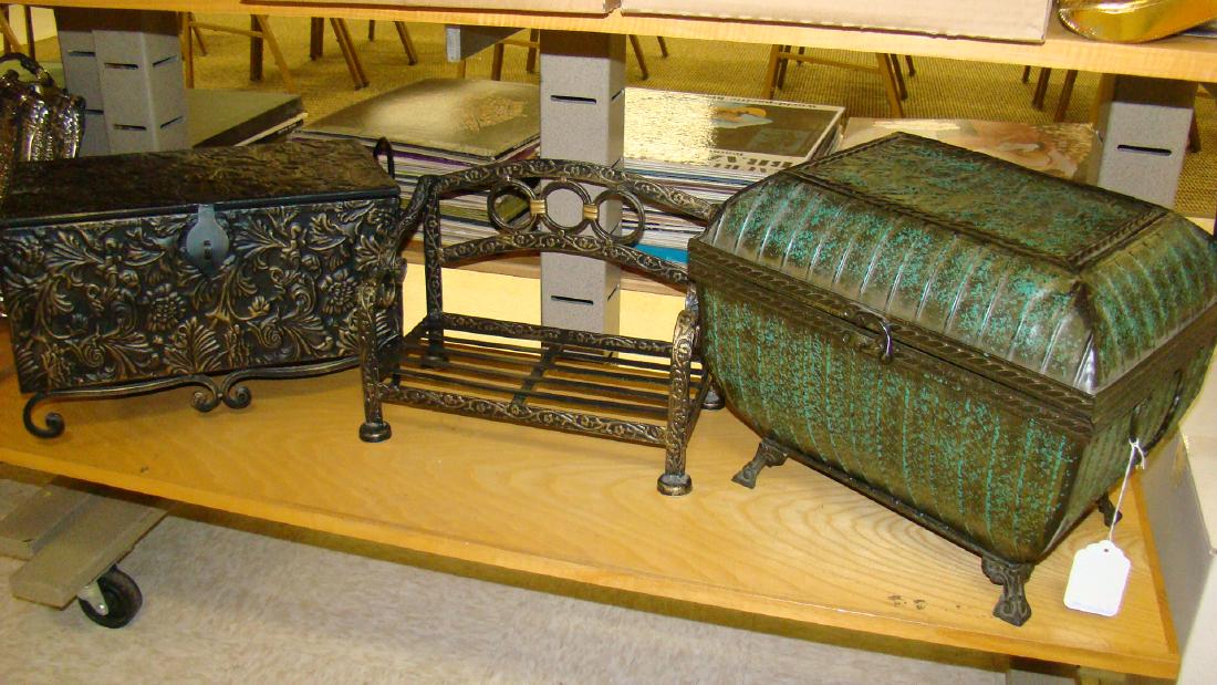 TWO METAL CHESTS AND DECORATIVE BENCH (1 of 3)
