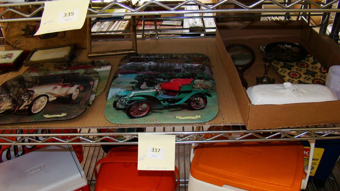 1968 OLD TIME CAR TRIVETS & MORE: 1968 6 OLD TIME CAR TRIVETS MADE IN ENGLAND - VINTAGE WOODEN HAND MIRROR-DRESSER BOX WITH LID-MINIATURE BRASS CANDLE HOLDERS & MORE