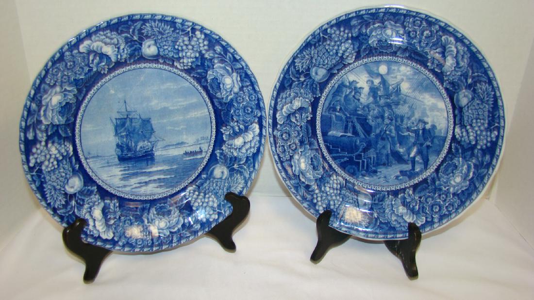 FLOW BLUE COMMEMORATIVE PLATES - THE MAYFLOWER AND (1 of 8)