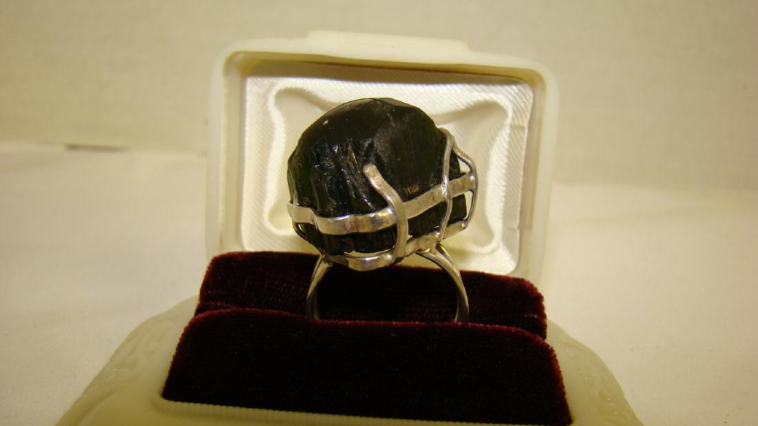 BEAUTIFUL NATURAL STONE RING SET IN SILVER METAL: BEAUTIFUL NATURAL STONE RING SET IN SILVER METAL - STONE MAY BE OBSIDIAN - SIZE 10 - STONE IS 1 IN LONG AND 3/4 IN TALL