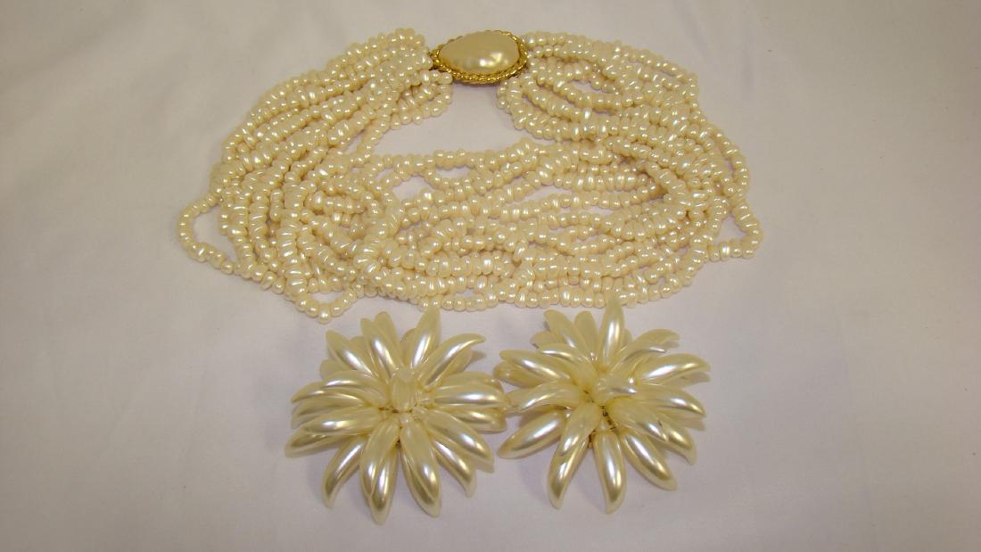 VINTAGE PEARL-LIKE CHOKER AND EARRING SET: VINTAGE PEARL-LIKE CHOKER AND EARRING SET - CHOKER IS 12 STRANDS OF SEED PEARL LIKE STONES WITH BROOCH CLOSURE - EARRINGS ARE CLIP ON WITH WHITE SPIKE PEARL LIKE BEADS