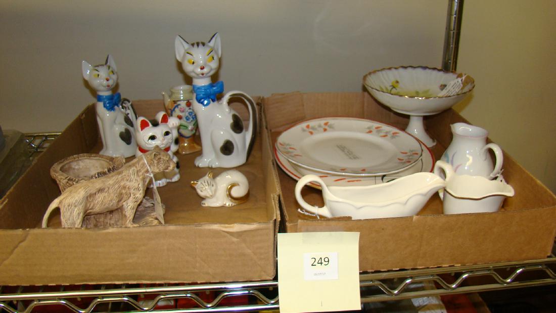 VINTAGE DISHES AND CAT FIGURINES: VINTAGE DISHES AND CAT FIGURINES-HAND PAINTED PEDESTAL DISH-CAT FIGURINES-SMALL JAPAN BUD VASE AND MORE-CAME OUT OF AN ANTIQUE STORE