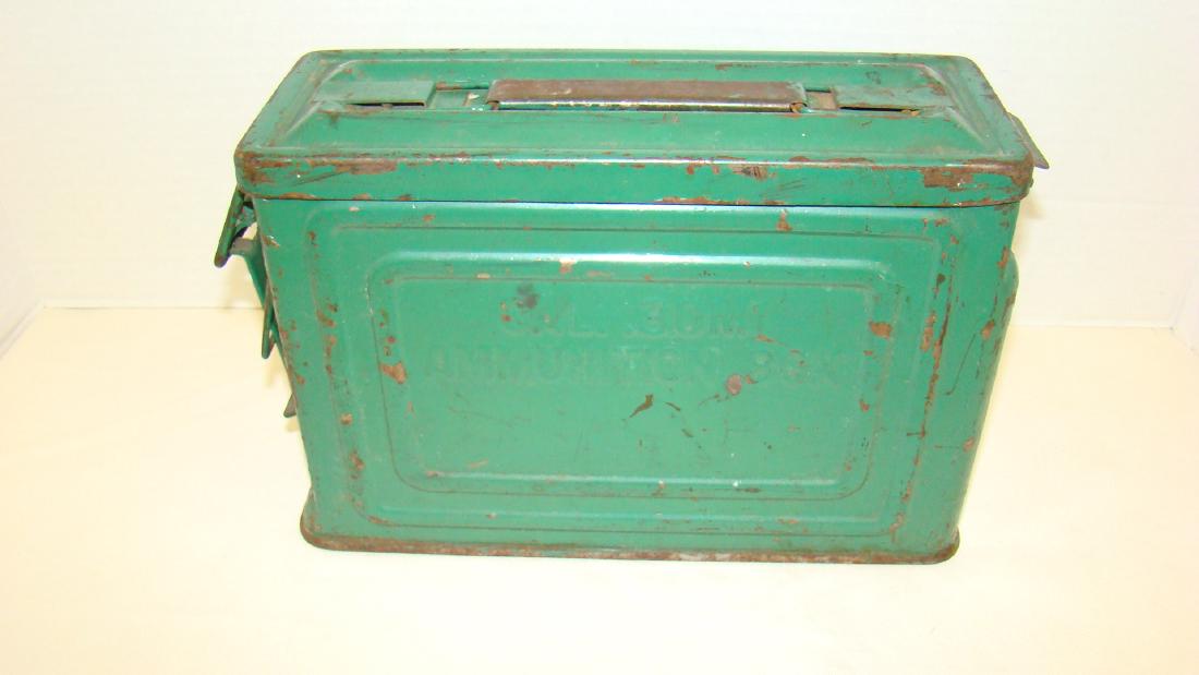 WWII MILITARY AMMUNITION BOX: WWII MILITARY AMMUNITION BOX - CAL. .30M1 - BLUE GREEN COLOR - PAINT WEAR - SOME RUSTING-FLAMING BOMB ON SIDE