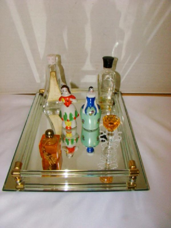GLASS DRESSER TRAY WITH VINTAGE PERFUME BOTTLES (1 of 8)