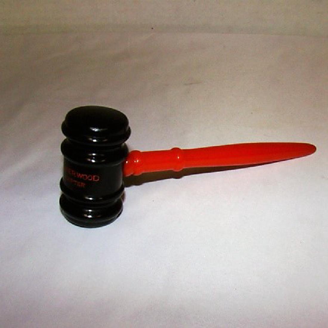 BAKELITE GAVEL: BAKELITE GAVEL- BLACK GAVEL WITH ORANGE HANDLE-ENGRAVED EVELYN SHERWOOD FOREST CHAPTER- APPROX. 6 INCHES.