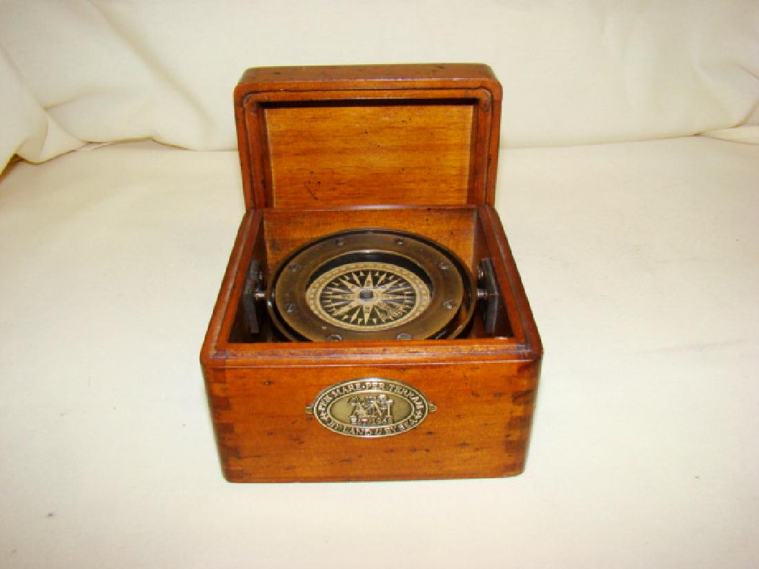 BY LAND AND BY SEA COMPASS IN WOOD BOX CASE: WOOD BOX SHIPS COMPASS - METAL TAB THAT READS BY LAND AND BY SEA