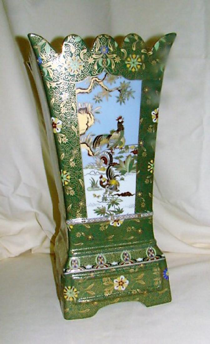 GREEN AND GOLD ASIAN STYLE VASE: GREEN AND GOLD ASIAN STYLE VASE- LARGE SQUARE VASE WITH SCALLOPED TOP- FEATURES VARIOUS BIRDS AND FLORAL DESIGN- BEAUTIFUL CONDITION- APPROX 17 1/2 x 9