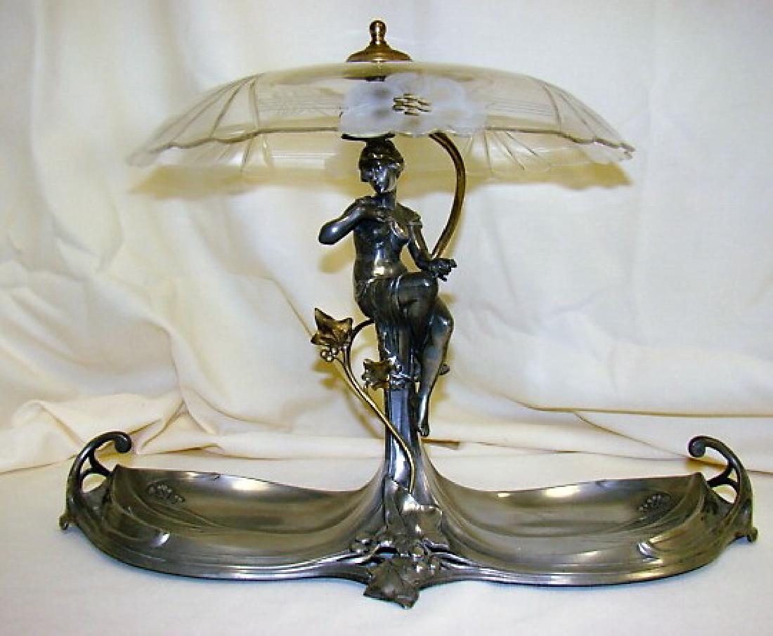 ART NOUVEAU FIGURAL DOUBLE TRAY: ART NOUVEAU FIGURAL DOUBLE TRAY- SEATED FEMALE IN DRAPED CLOTH DRESS- FLORAL DESIGN- ETCHED CLEAR GLASS SHADE TOPPER- APPROX 17 1/2 x 12 1/2- NO MARKINGS- GREAT CONDITION.