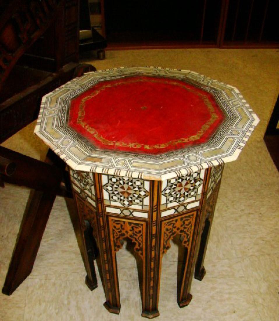 DECORATIVE INDONESIAN TABLES: DECORATIVE INDONESIAN TABLES-SOME WEAR-INLAY MOTHER OF PEARL HAS MISSING PIECES-VERY PRETTY-BROWN TABLE NEEDS HINGE REPAIR-MOTHER OF PEARL INLAY