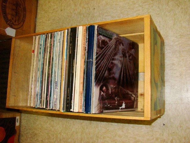 WOOD BOX VARIOUS LPS: WOOD BOX WITH VARIOUS LPS - CONCERT AT BANGLADESH - SANDY DENNY - JUDY COLLINS AND MORE