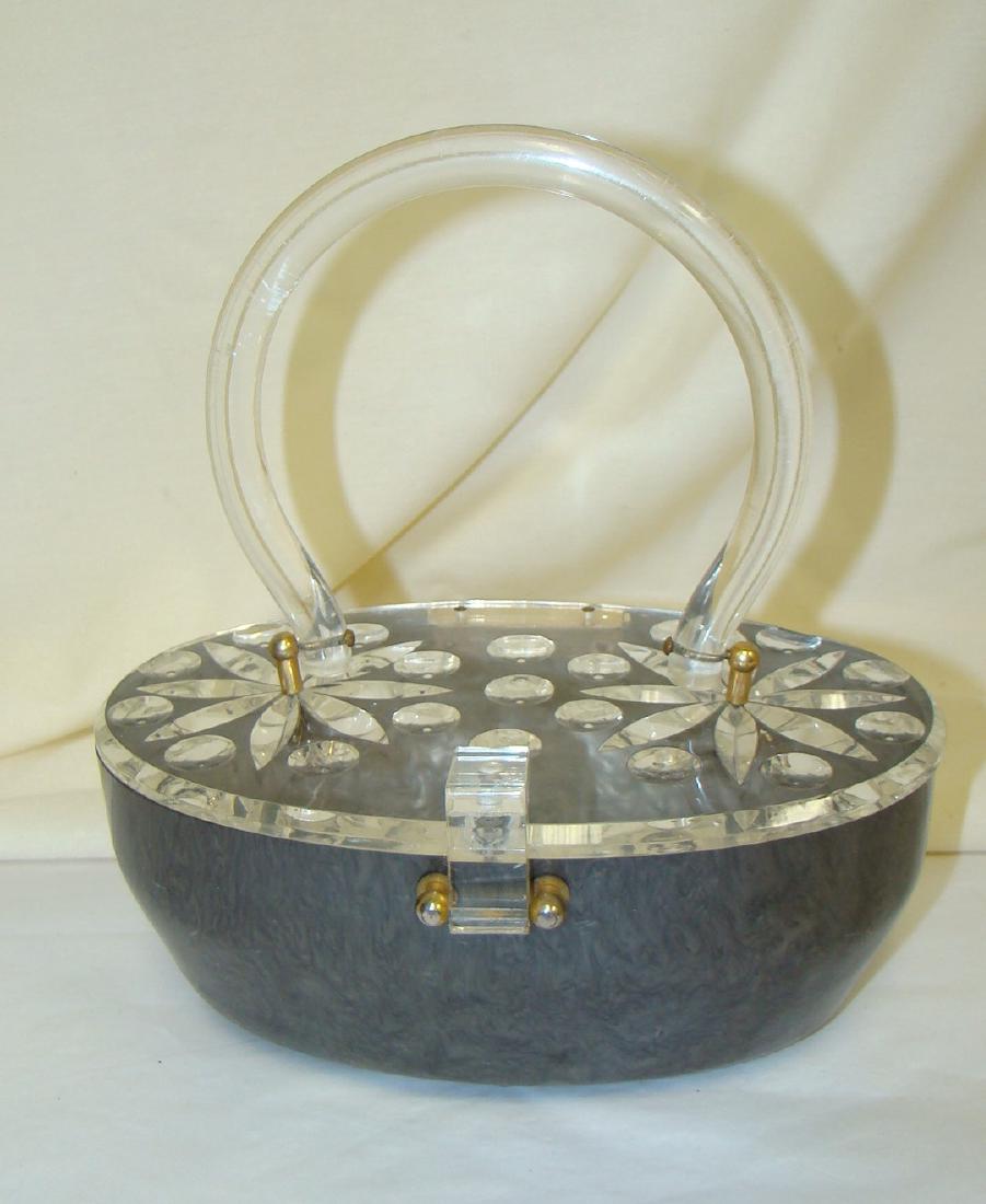 LUCITE PURSE-PEARLIZED GRAY BODY CLEAR CARVED TOP (1 of 6)