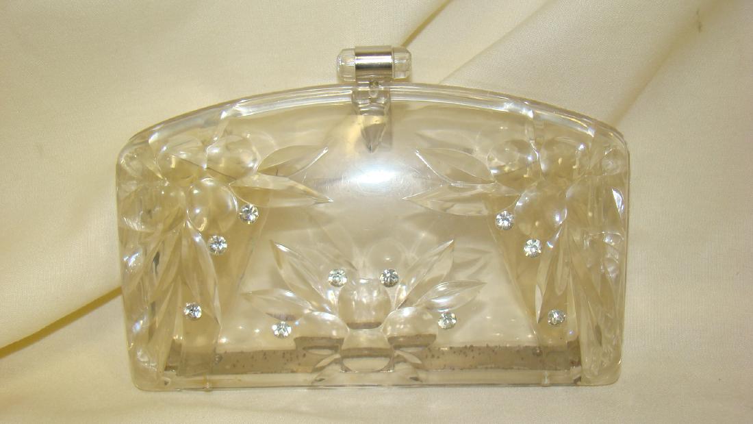 SMALL CARVED LUCITE CLUTCH PURSE WITH RHINESTONES (1 of 4)