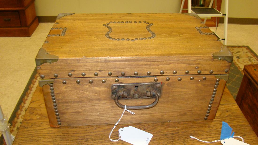 ANTIQUE STUD TRIMMED WOOD LOCKING BOX: ANTIQUE WOOD LOCKING BOX WITH METAL STUD TRIM - NO KEY - COPPER TRIM ON CORNERS - 7x 15x 10 - BOX IS LOCKED