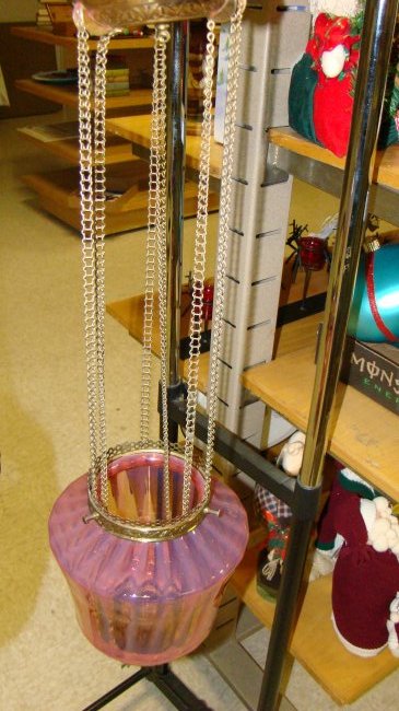 ANTIQUE HANGING LIGHT FRAME WITH CRANBERRY GLASS S (1 of 4)