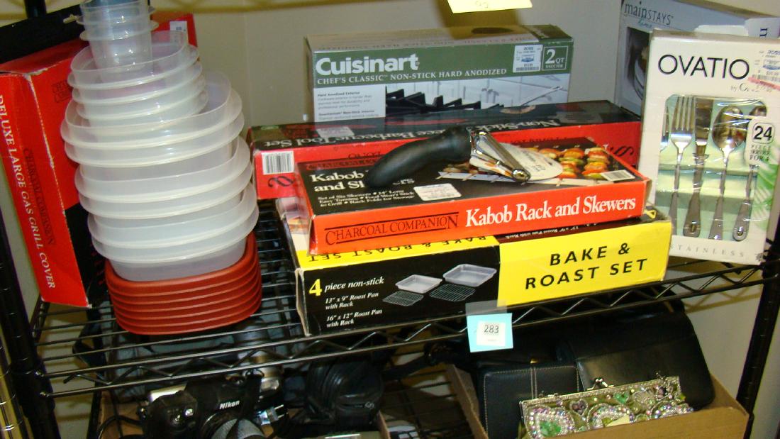 SHELF LOT KITCHEN ITEMS IN BOXES: SHELF LOT KITCHEN ITEMS IN BOXES -FLATWARE, CUISINART SKILLET, NON-STICK BBQ TOOL SET, PLASTIC FOOD STORAGE AND MORE