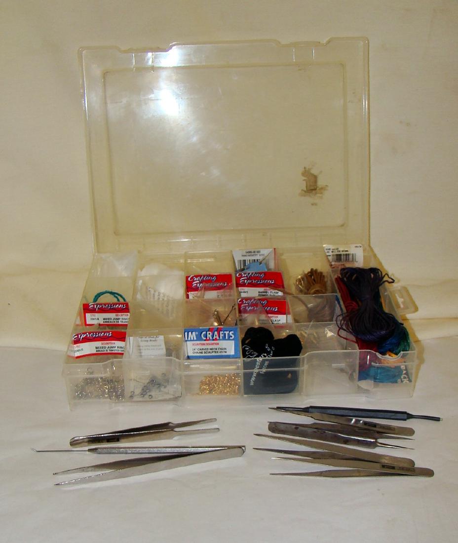 JEWLERY MAKING SUPPLIES BY CRAFTING EXPRESSIONS &: JEWLERY MAKING SUPPLIES BY CRAFTING EXPRESSIONS - MIXED JUMP RINGS - 24 CARVED NECK CHAIN - 2 EYE PINS - BARRELL CLASPS - COLORED STRING - ROUND LEATHER LACE & MORE - MULTIPLE SIZES OF TWEEZERS BY GOO