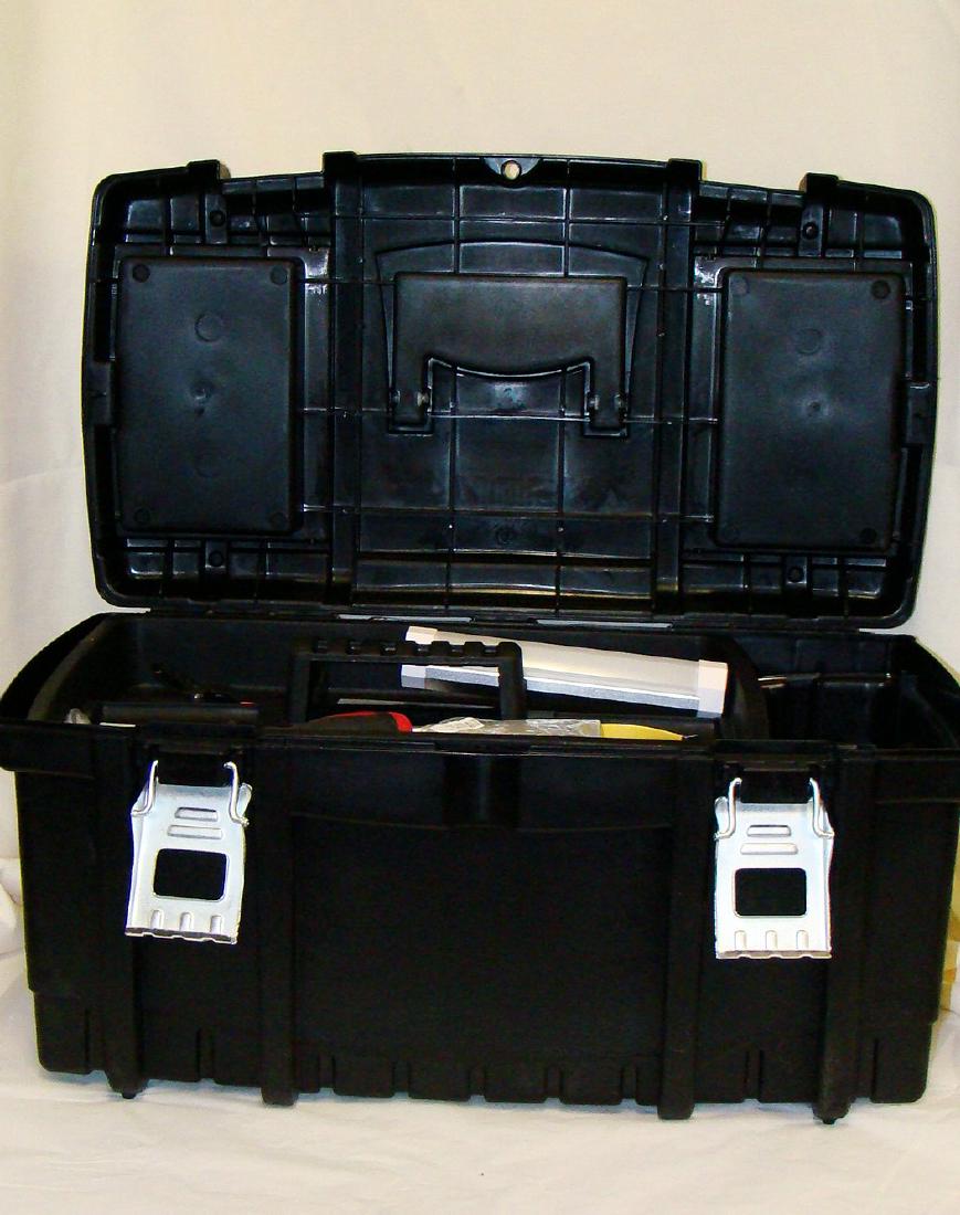 HUSKY TOOL CHEST WITH GUITAR SUPPLIES: HUSKY TOOL CHEST WITH GUITAR SUPPLIES - MITCHELL'S ABRASIVE CORD & TAPES - ERNIE BALL THUMB PICKS - DUNLAP THUMB PICKS - TUNING FORK - DUNLAP GUITAR POLISH - & MORE - HUSKY CHEST HAS TWO PULL OUT TRAY