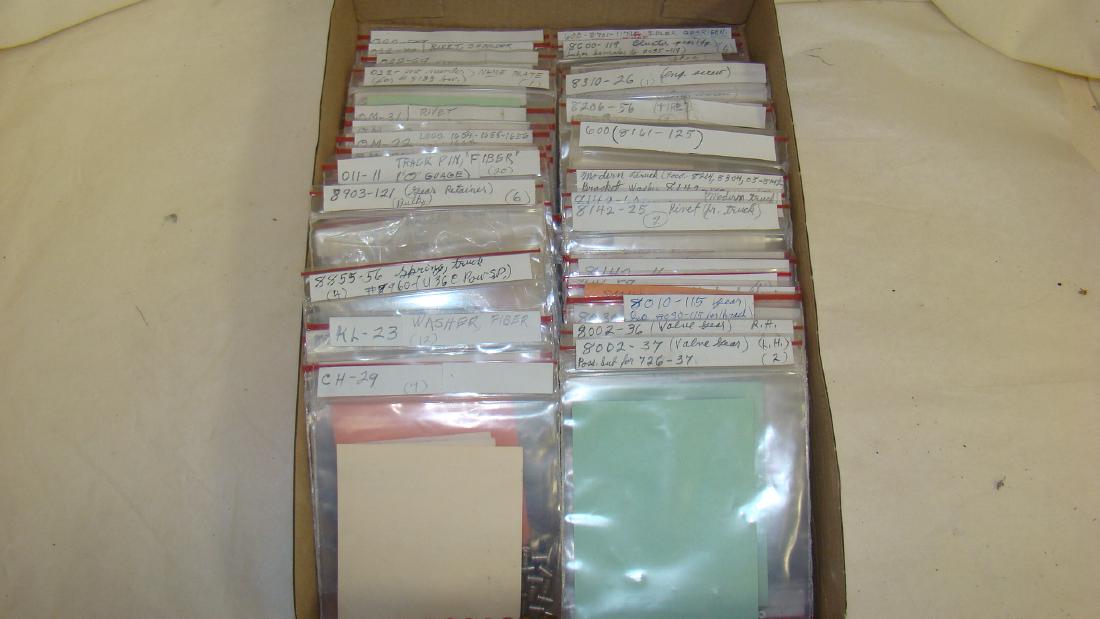 APPROX. 50 BAGS WITH VARIOUS LIONEL PARTS AND HARD: APPROX. 50 BAGS OF VARIOUS PARTS AND HARDWARE FOR 8000'S - 8100'S - 8200'S - 8300'S - 8400'S - 8500'S - 8600'S - 8800'S - OM'S AND MORE