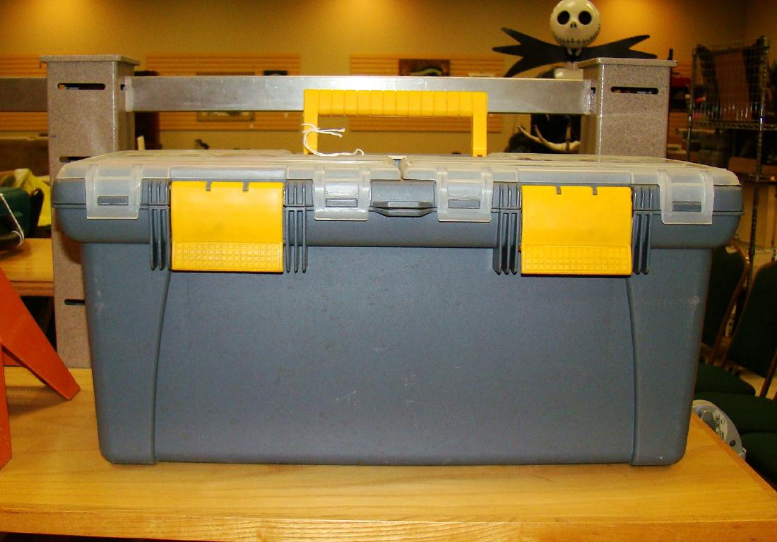 PRE-OWNED PLASTIC TOOLBOX WITH VARIOUS HAND TOOLS: YELLOW AND GRAY PLASTIC PRE-OWNED TOOL BOX - VARIOUS CONTENTS OF HAND TOOLS AND HARDWARE - VERY HEAVY TO SHIP