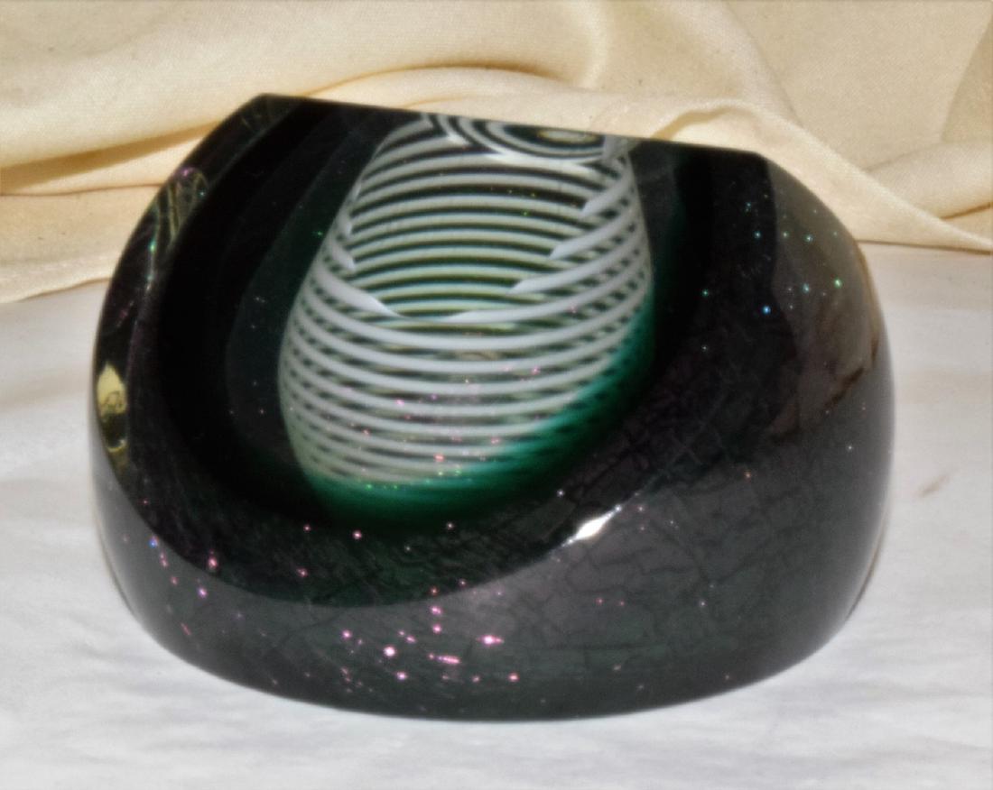 GLASS ART DECO PAPERWEIGHT: GLASS ART DECO PAPERWEIGHT - PURPLE - GREEN - CENTER BUBBLE-SIGNED CORRINA? 33/250 ALSO THE WORD WELGRW ETCHED 1989 LE-NO CHIPS OR NOTICEABLE FLAWS