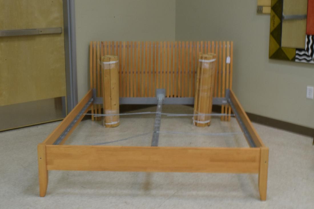 QUEEN SIZE BED FRAME & HEADBOARD: QUEEN SIZE BED FRAME - FUTON STYLE LOW TO THE GROUND - SOME HARD WARE MAY BE MISSING - WOOD IN GOOD CONDITION