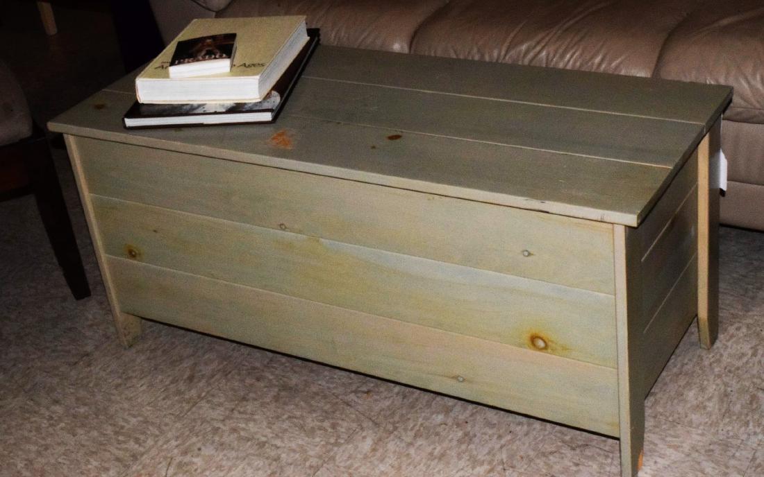 HOPE CHEST: HOPE CHEST - PALE GREEN COLOR - 16HX42LX17W - 2 AREAS OF WOOD CHIPPING - CLEAN INSIDE - NO CEDAR LINING