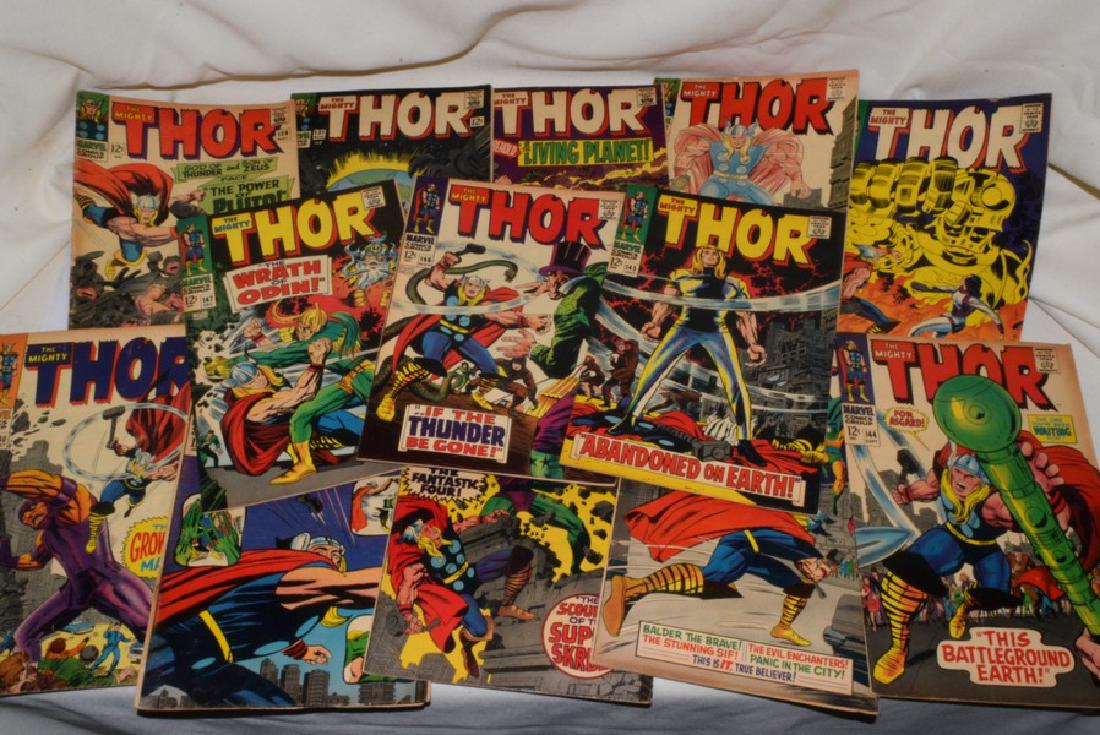 1966-67 THE MIGHTY THOR COMIC BOOKS: 1966-67 THE MIGHTY THOR COMIC BOOKS - 12 ISSUES- MAY, AUG, OCT 1966- MARCH THRU JUNE & AUG THRU DEC 1967- SHOW AGE- VARIOUS CONDITIONS- MINOR TEARING TO BINDING EDGE- CREASED PAGES- DISCOLORATION.