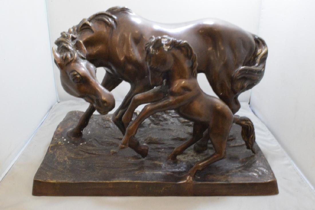 BRONZE FIGURE OF A MOTHER AND BABY HORSE - SIGNED: BRONZE FIGURE OF A MOTHER AND BABY HORSE - SIGNED ON SIDE P. RIEAY - APPROX. 13x 15 - VERY HEAVY - MAY BE EXPENSIVE TO SHIP - SOME MINOR WHITE PAINT SPLATTER OTHERWISE IN GOOD CONDITION