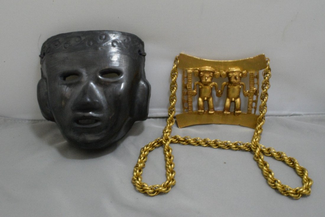 15" GOLD COLOR CENTRAL AMERICAN THEME COSTUME NECKLACE: 15" GOLD COLOR COSTUME NECKLACE - CENTRAL AMERICAN THEME - PLUS A 4.5 POTTERY INCAN OR MAYAN MASK