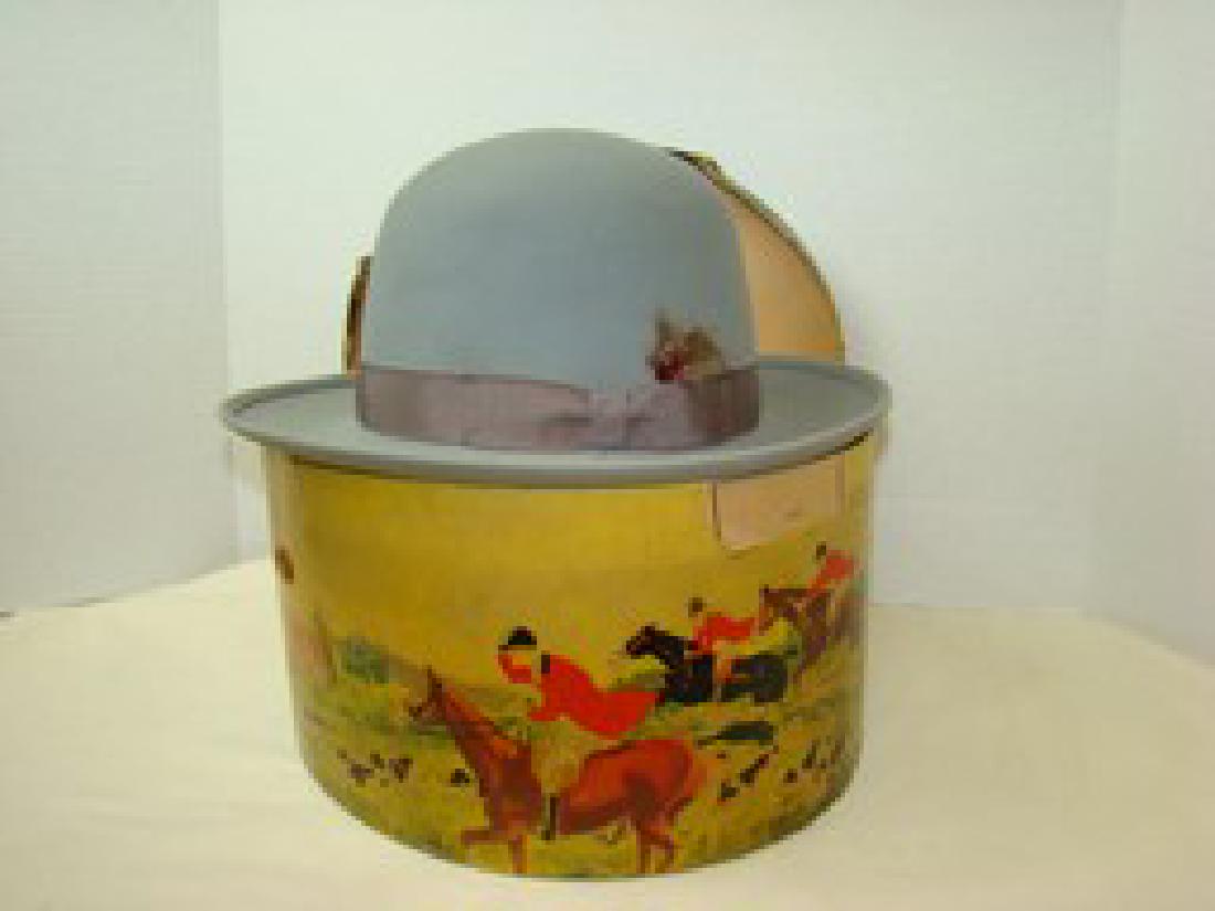 ROYAL STETSON VINTAGE GREY HAT WITH BOX AND FORM: ROYAL STETSON VINTAGE GREY HAT WITH BOX AND FORM-BEAUTIFUL HAT NO SIGNS USE AROUND THE INSIDE RING-LABELED ROYAL STETSON AND WEINSTOCK & LUBIN CO SACRAMENTO-THE FEATHER SHOULD BE REPLACED- HAS A WIDE 