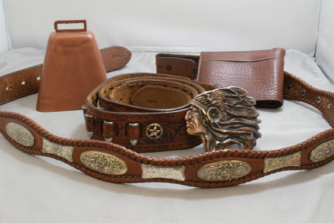 BOX -- HAND TOOLED LEATHER BELT WITH NATIVE AMERICAN: BOX - MEN'S HAND TOOLED LEATHER BELT - FAUX BULLET HOLDER DESIGN - NATIVE AMERICAN CHIEF METAL BUCKLE - MEN'S WALLET AND A METAL COW BELL